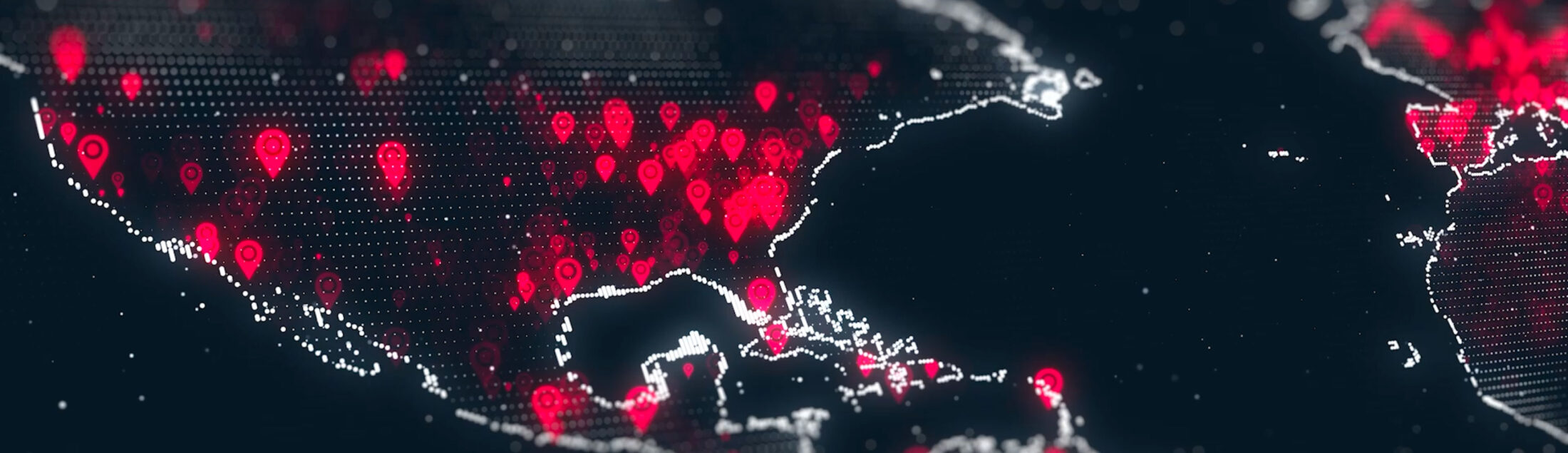 About Us, Intro Banner, Map of the world with red markers scattered.